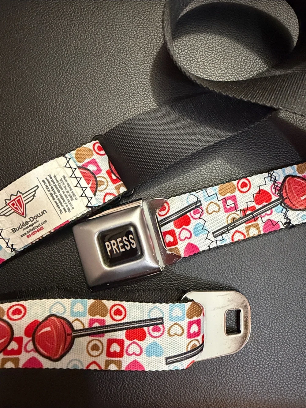 Buckle-Down Heart & Lollipop Seatbelt Belt - Red, Pink, Blue, Brown